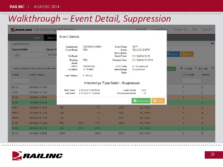 RAILINC I ACACSO 2014 Walkthrough – Event Detail, Suppression ++++++++++++++++++++++++++++++++++++++++++++++ +++++++++++++++++++++++++++++++++++++++++++ 26 