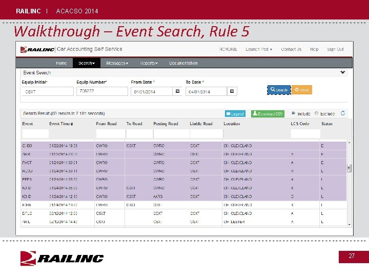 RAILINC I ACACSO 2014 +++++++++++++++++++++++++++++ Walkthrough – Event Search, Rule 5 +++++++++++++++++++++++++++++ 27 