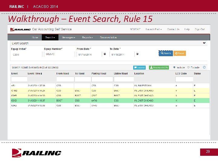 RAILINC I ACACSO 2014 +++++++++++++++++++++++++++++ Walkthrough – Event Search, Rule 15 +++++++++++++++++++++++++++++ 29 
