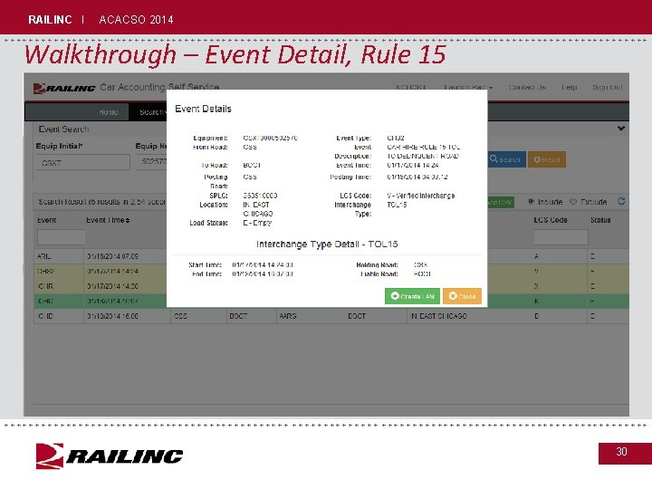 RAILINC I ACACSO 2014 +++++++++++++++++++++++++++++ Walkthrough – Event Detail, Rule 15 +++++++++++++++++++++++++++++ 30 