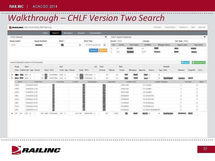 RAILINC I ACACSO 2014 Walkthrough – CHLF Version Two Search ++++++++++++++++++++++++++++++++++++++++++++++ +++++++++++++++++++++++++++++++++++++++++++ 33 