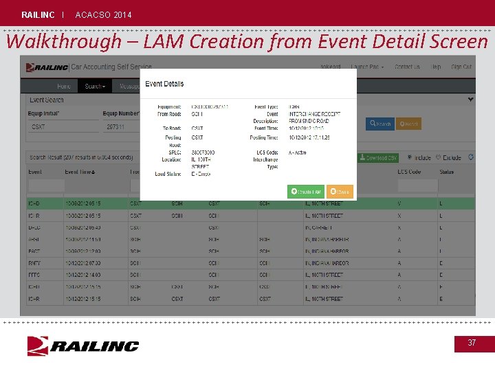 RAILINC I ACACSO 2014 Walkthrough – LAM Creation from Event Detail Screen ++++++++++++++++++++++++++++++++++++++++++++++ +++++++++++++++++++++++++++++++++++++++++++