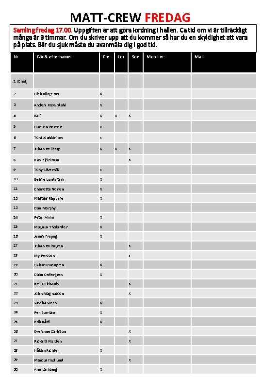 MATT-CREW FREDAG Samling fredag 17. 00. Uppgiften är att göra iordning i hallen. Ca