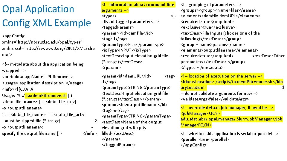 Opal Application Config XML Example <app. Config xmlns="http: //nbcr. sdsc. edu/opal/types" xmlns: xsd="http: //www.