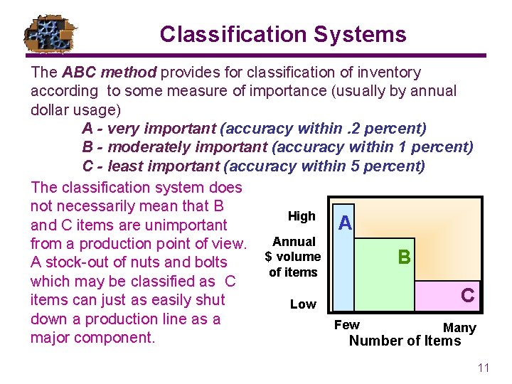 Classification Systems The ABC method provides for classification of inventory according to some measure