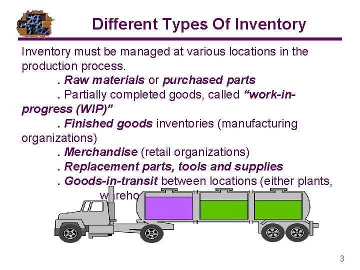 Different Types Of Inventory must be managed at various locations in the production process.