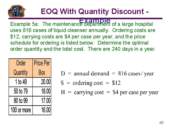 EOQ With Quantity Discount Example 5 a: The maintenance department of a large hospital