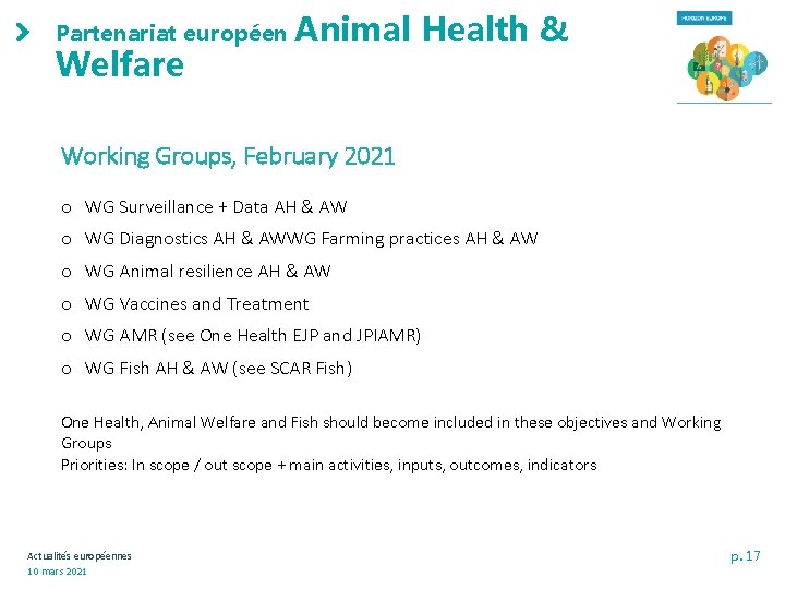 Partenariat européen Welfare Animal Health & Working Groups, February 2021 o WG Surveillance +