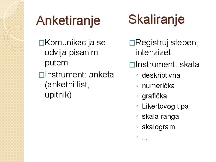 Anketiranje Skaliranje �Komunikacija �Registruj se odvija pisanim putem �Instrument: anketa (anketni list, upitnik) stepen,