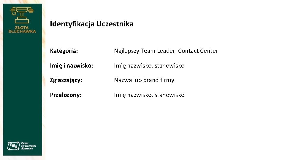 Identyfikacja Uczestnika Kategoria: Najlepszy Team Leader Contact Center Imię i nazwisko: Imię nazwisko, stanowisko