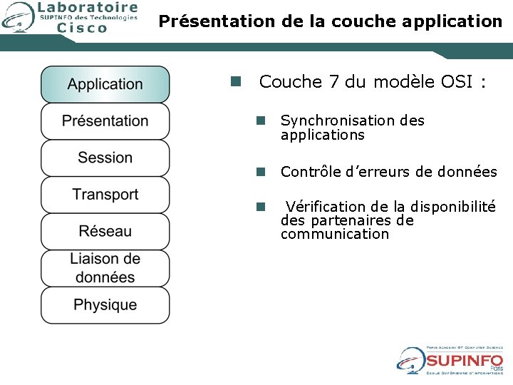 Présentation de la couche application n Couche 7 du modèle OSI : n Synchronisation