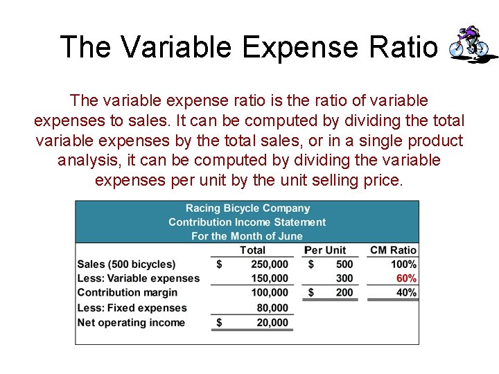 The Variable Expense Ratio The variable expense ratio is the ratio of variable expenses