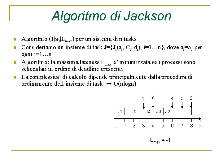 Algoritmo di Jackson Algoritmo (1|a 0|Lmax) per un sistema di n tasks Consideriamo un