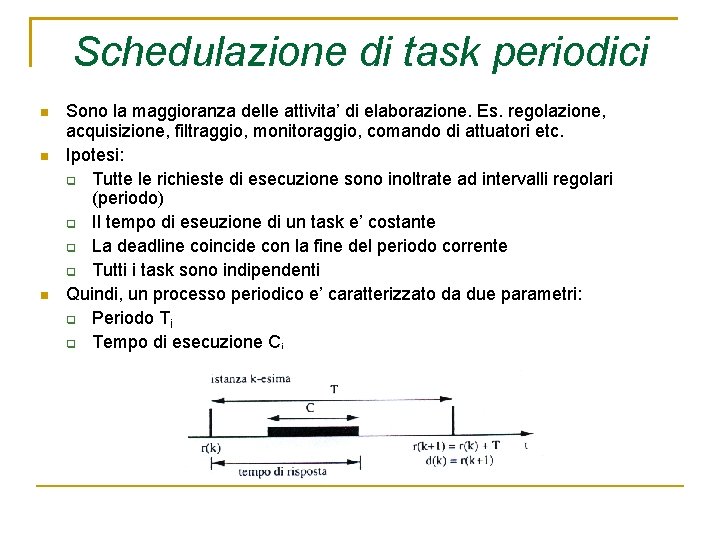 Schedulazione di task periodici Sono la maggioranza delle attivita’ di elaborazione. Es. regolazione, acquisizione,