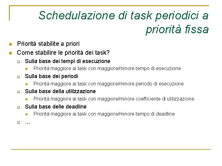 Schedulazione di task periodici a priorità fissa Priorità stabilite a priori Come stabilire le