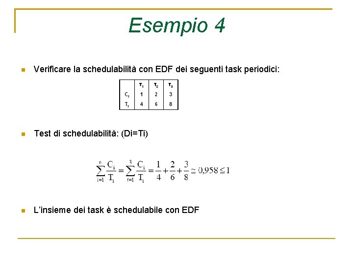 Esempio 4 Verificare la schedulabilità con EDF dei seguenti task periodici: Test di schedulabilità: