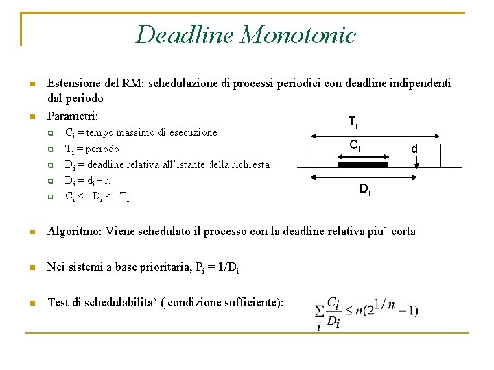 Deadline Monotonic Estensione del RM: schedulazione di processi periodici con deadline indipendenti dal periodo