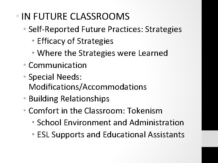  • IN FUTURE CLASSROOMS • Self-Reported Future Practices: Strategies • Efficacy of Strategies