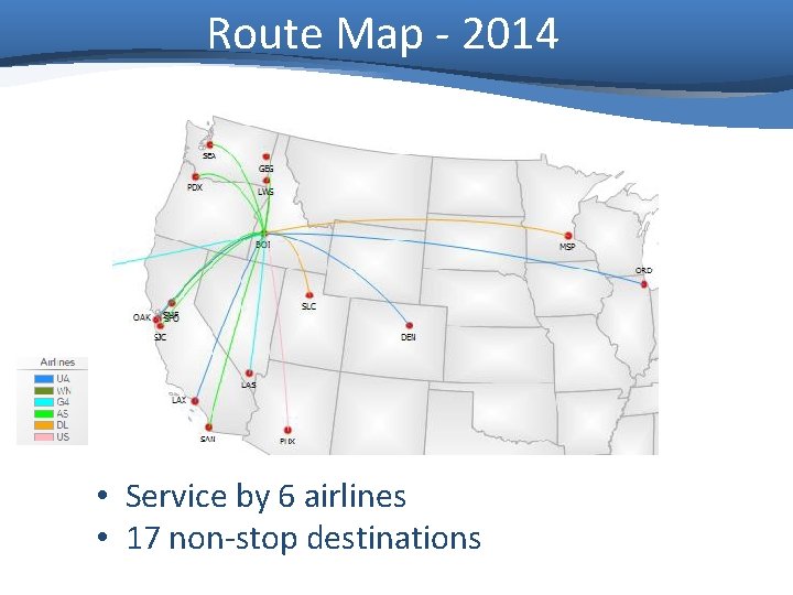 Route Map - 2014 • Service by 6 airlines • 17 non-stop destinations 