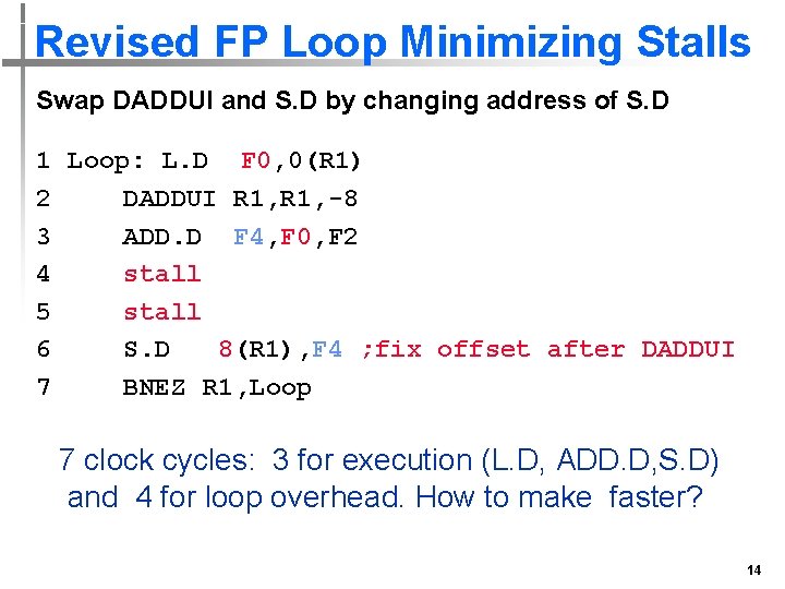 Revised FP Loop Minimizing Stalls Swap DADDUI and S. D by changing address of