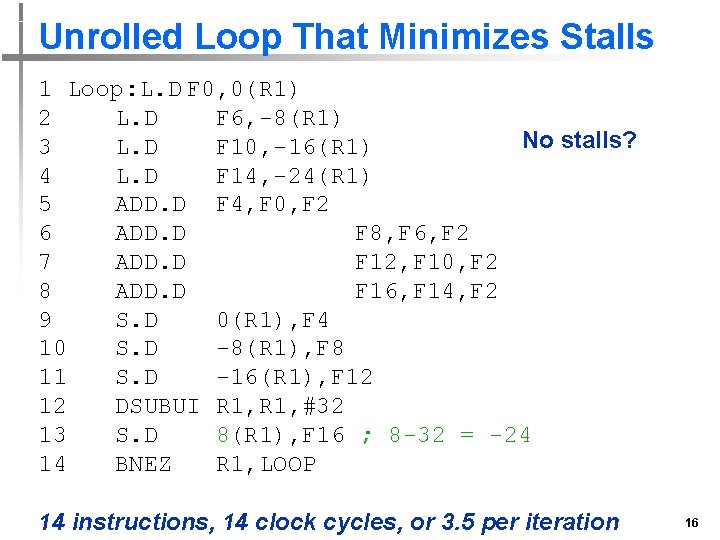 Unrolled Loop That Minimizes Stalls 1 Loop: L. D F 0, 0(R 1) 2