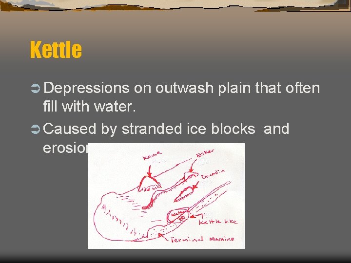 Kettle Ü Depressions on outwash plain that often fill with water. Ü Caused by