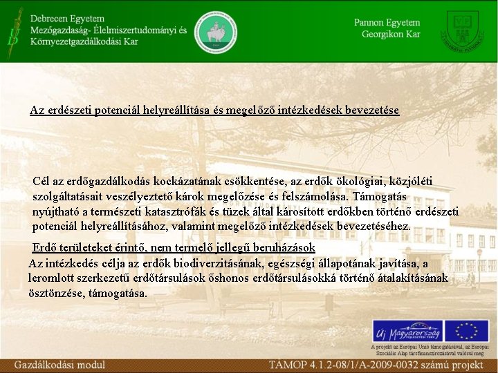 Az erdészeti potenciál helyreállítása és megelőző intézkedések bevezetése Cél az erdőgazdálkodás kockázatának csökkentése, az