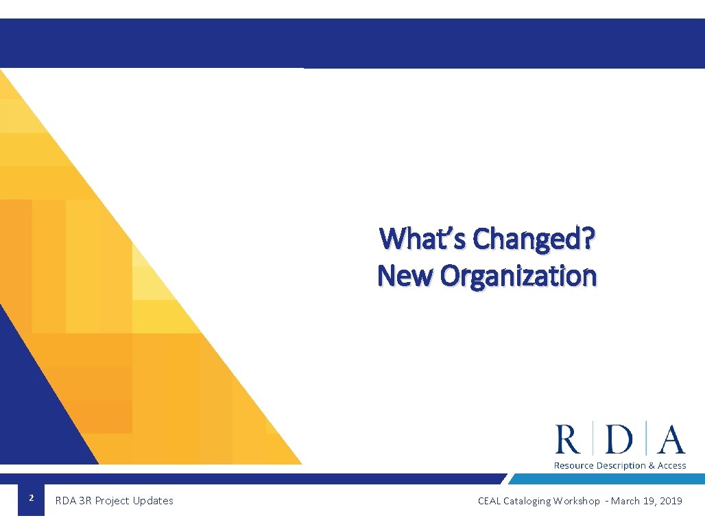 What’s Changed? New Organization 2 RDA 3 R Project Updates CEAL Cataloging Workshop -