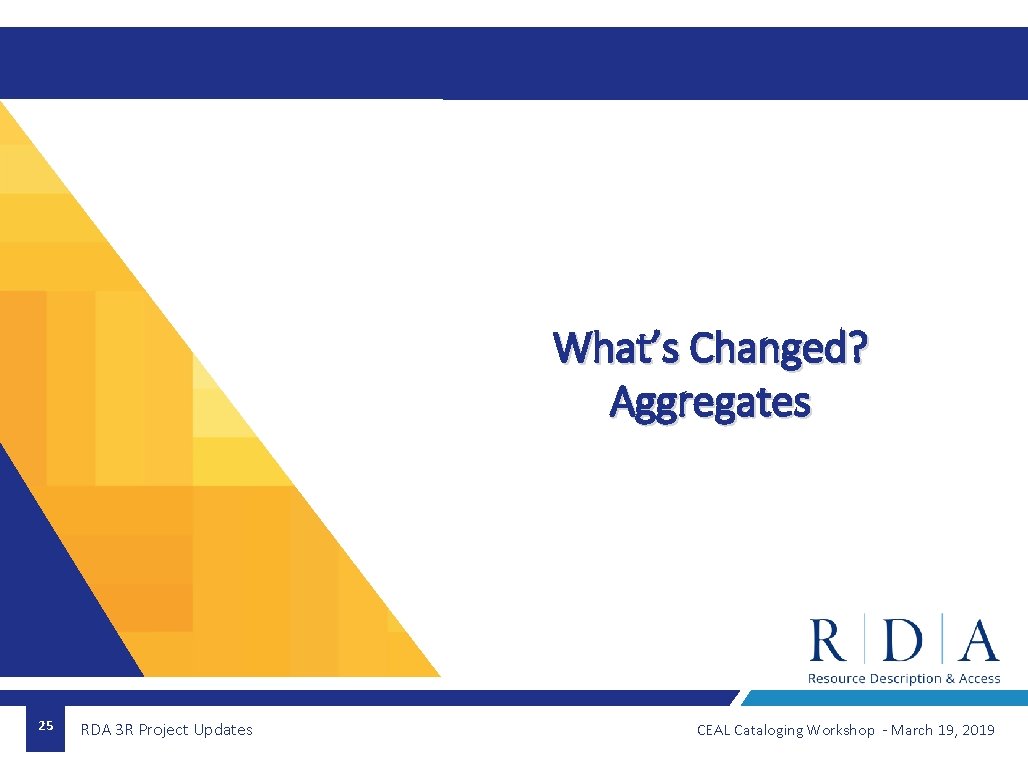 What’s Changed? Aggregates 25 RDA 3 R Project Updates CEAL Cataloging Workshop - March