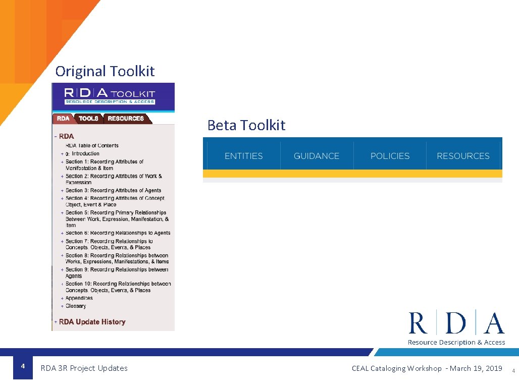 Original Toolkit Beta Toolkit 4 RDA 3 R Project Updates CEAL Cataloging Workshop -