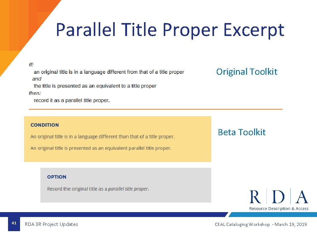 Parallel Title Proper Excerpt Original Toolkit Beta Toolkit 41 RDA 3 R Project Updates