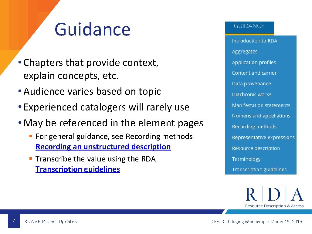 Guidance • Chapters that provide context, explain concepts, etc. • Audience varies based on