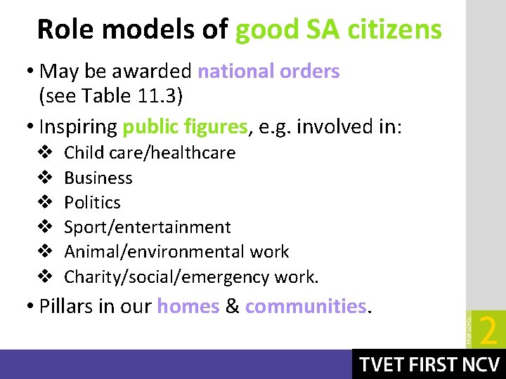 Role models of good SA citizens • May be awarded national orders (see Table