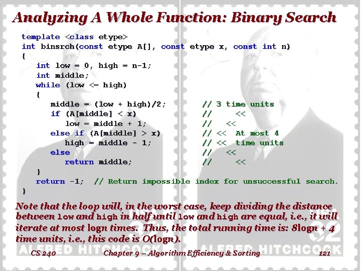 Analyzing A Whole Function: Binary Search template <class etype> int binsrch(const etype A[], const