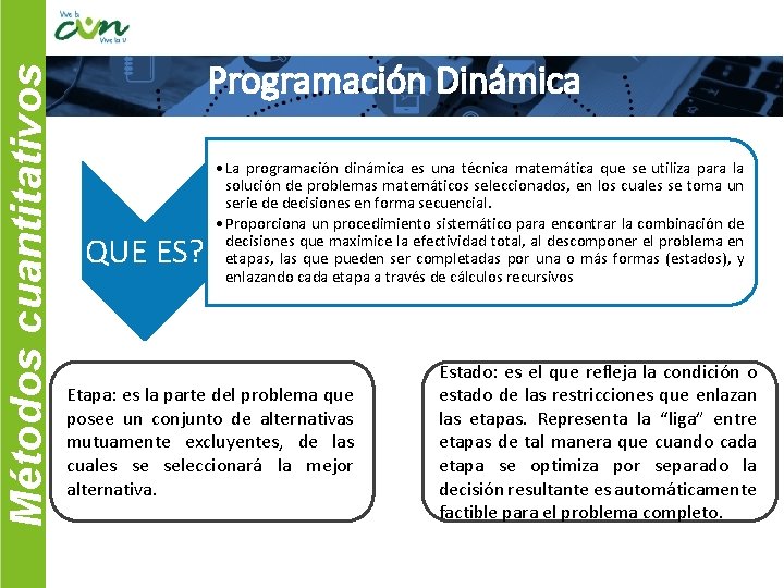 Métodos cuantitativos Programación Dinámica QUE ES? • La programación dinámica es una técnica matemática