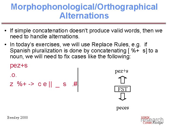 Morphophonological/Orthographical Alternations • If simple concatenation doesn’t produce valid words, then we need to Morphophonological/Orthographical Alternations • If simple concatenation doesn’t produce valid words, then we need to