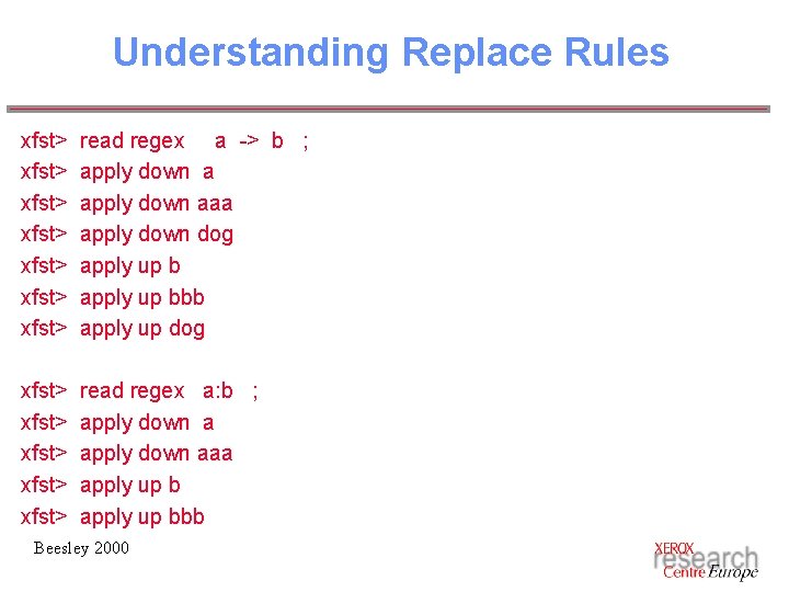 Understanding Replace Rules xfst> xfst> read regex a -> b ; apply down aaa Understanding Replace Rules xfst> xfst> read regex a -> b ; apply down aaa