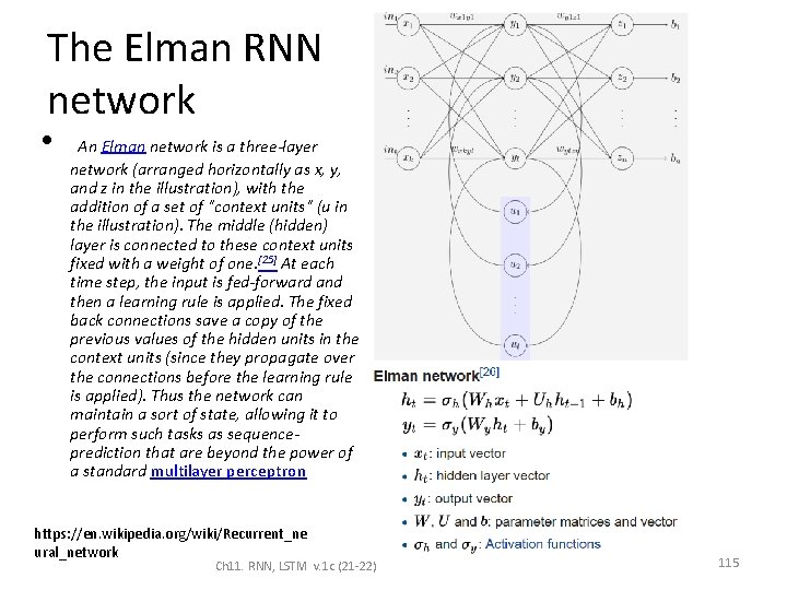 The Elman RNN network • An Elman network is a three-layer network (arranged horizontally