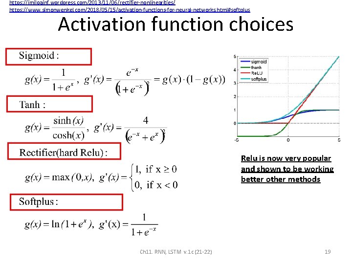 https: //imiloainf. wordpress. com/2013/11/06/rectifier-nonlinearities/ https: //www. simonwenkel. com/2018/05/15/activation-functions-for-neural-networks. html#softplus Activation function choices Relu is