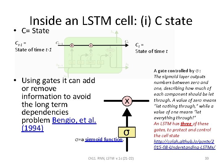 Inside an LSTM cell: (i) C state • C= State Ct-1 = State of