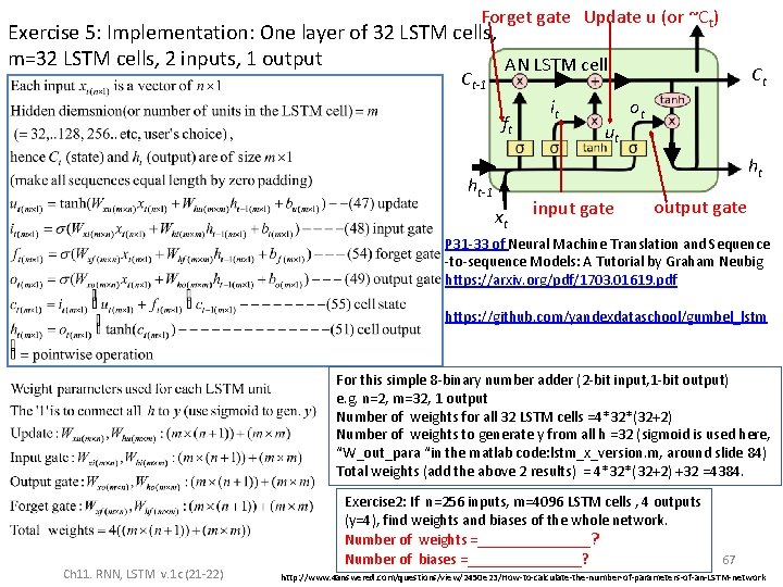 Forget gate Update u (or ~Ct) Exercise 5: Implementation: One layer of 32 LSTM