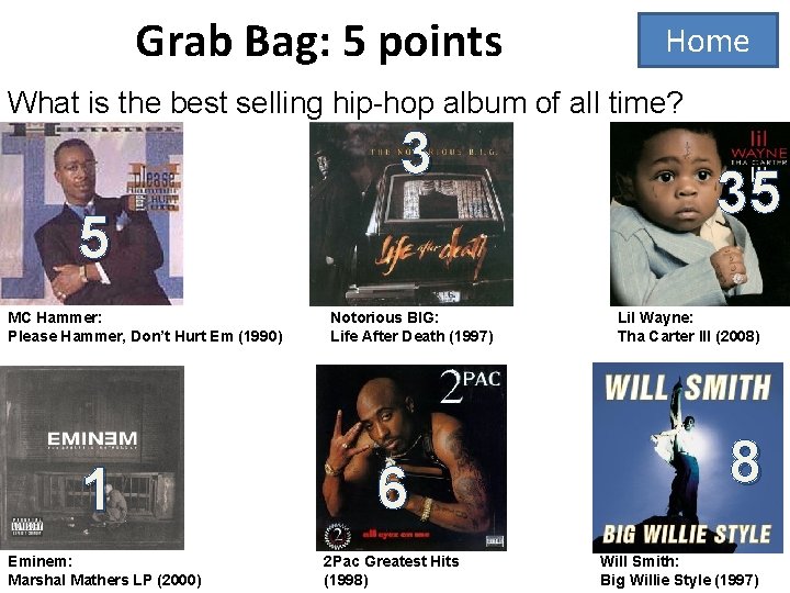 Grab Bag: 5 points Home What is the best selling hip-hop album of all