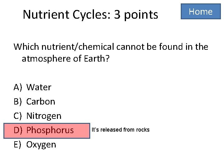 Nutrient Cycles: 3 points Home Which nutrient/chemical cannot be found in the atmosphere of