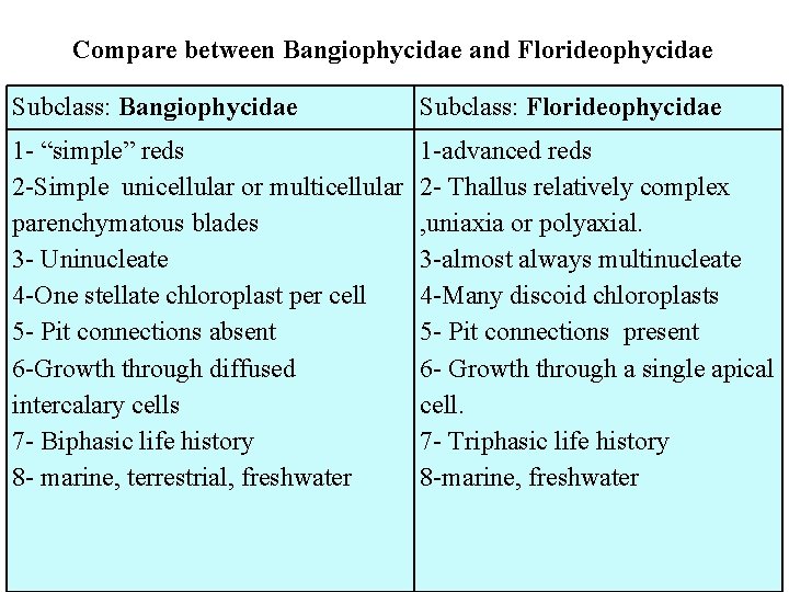 Compare between Bangiophycidae and Florideophycidae Subclass: Bangiophycidae Subclass: Florideophycidae 1 - “simple” reds 2