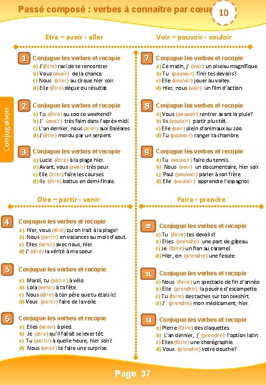 Passé composé : verbes à connaître par cœur 10 Conjugaison Etre – avoir -