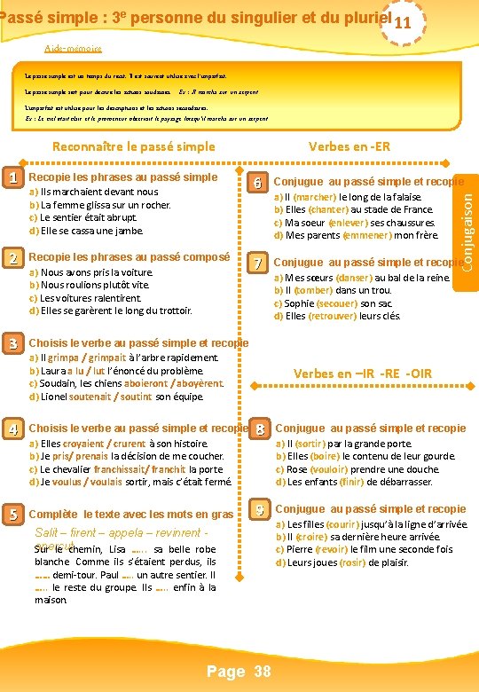 Passé simple : 3 e personne du singulier et du pluriel 11 Aide-mémoire Le