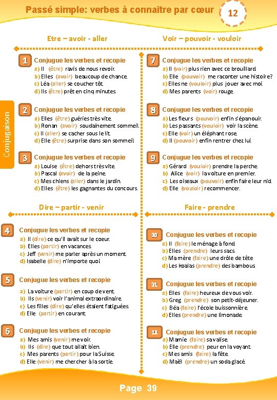 Passé simple: verbes à connaître par cœur Conjugaison Etre – avoir - aller Voir