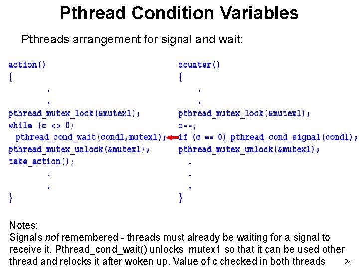 Pthread Condition Variables Pthreads arrangement for signal and wait: Notes: Signals not remembered -