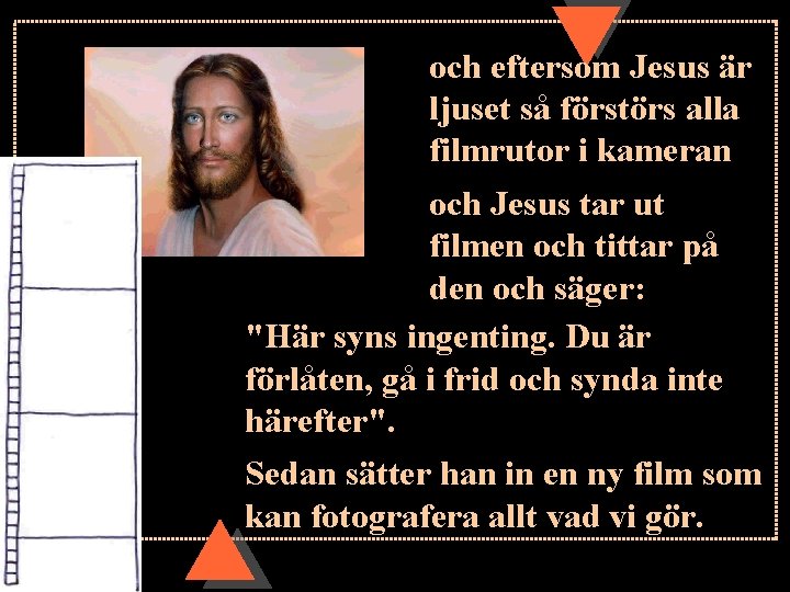 och eftersom Jesus är ljuset så förstörs alla filmrutor i kameran och Jesus tar