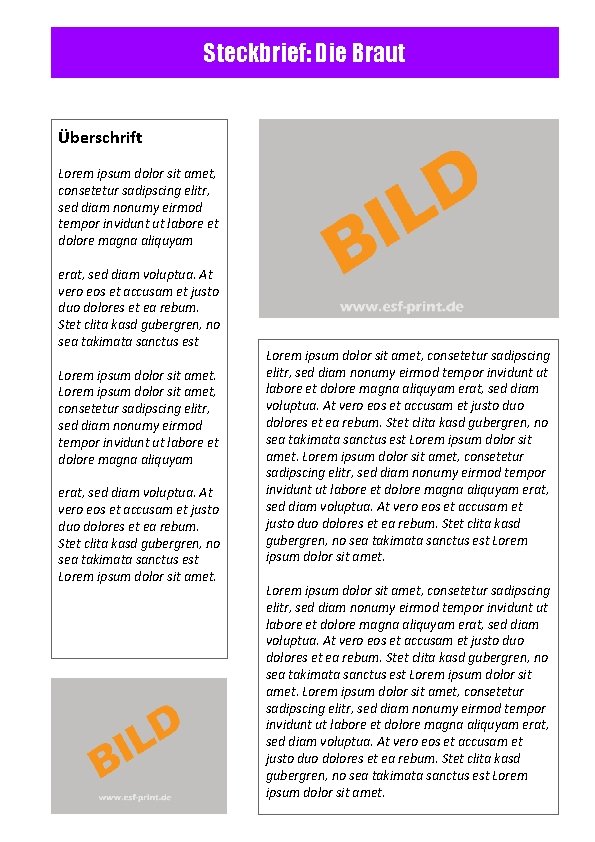 Steckbrief: Die Braut Überschrift Lorem ipsum dolor sit amet, consetetur sadipscing elitr, sed diam